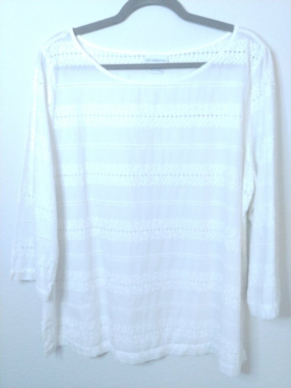 Liz Claiborne White Cotton Eyelet 3/4 Sleeve Blouse